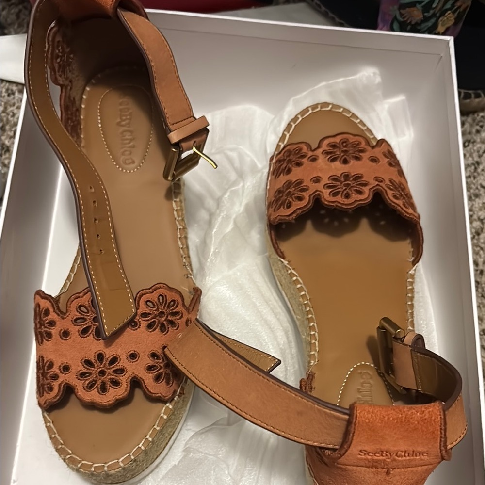 See By Chloe Tan Espadrille Sandals with Floral Cutouts